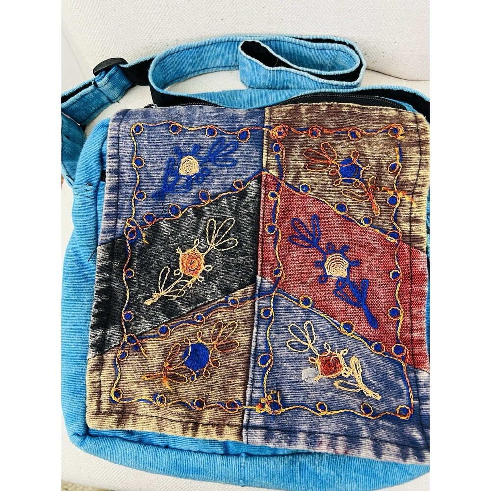 Boho Stonewashed Patchwork Crossbody Bag Embroidered Cotton Hippie Flap Purse